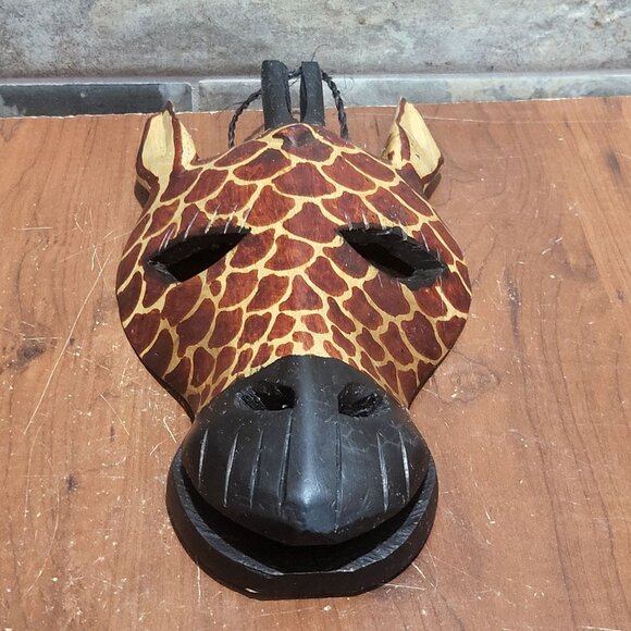 Hand Carved Wooden Giraffe Mask African Wall Decor - Picture 3 of 8